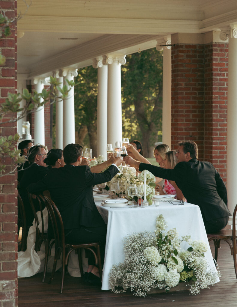 al fresco dinner at the Bar Harbor Historical Society during a modern editorial Maine estate wedding