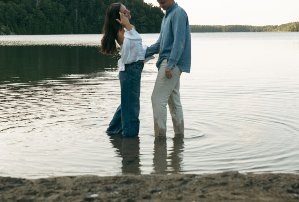 Maine Acadia engagement session in a lake at Acadia National park