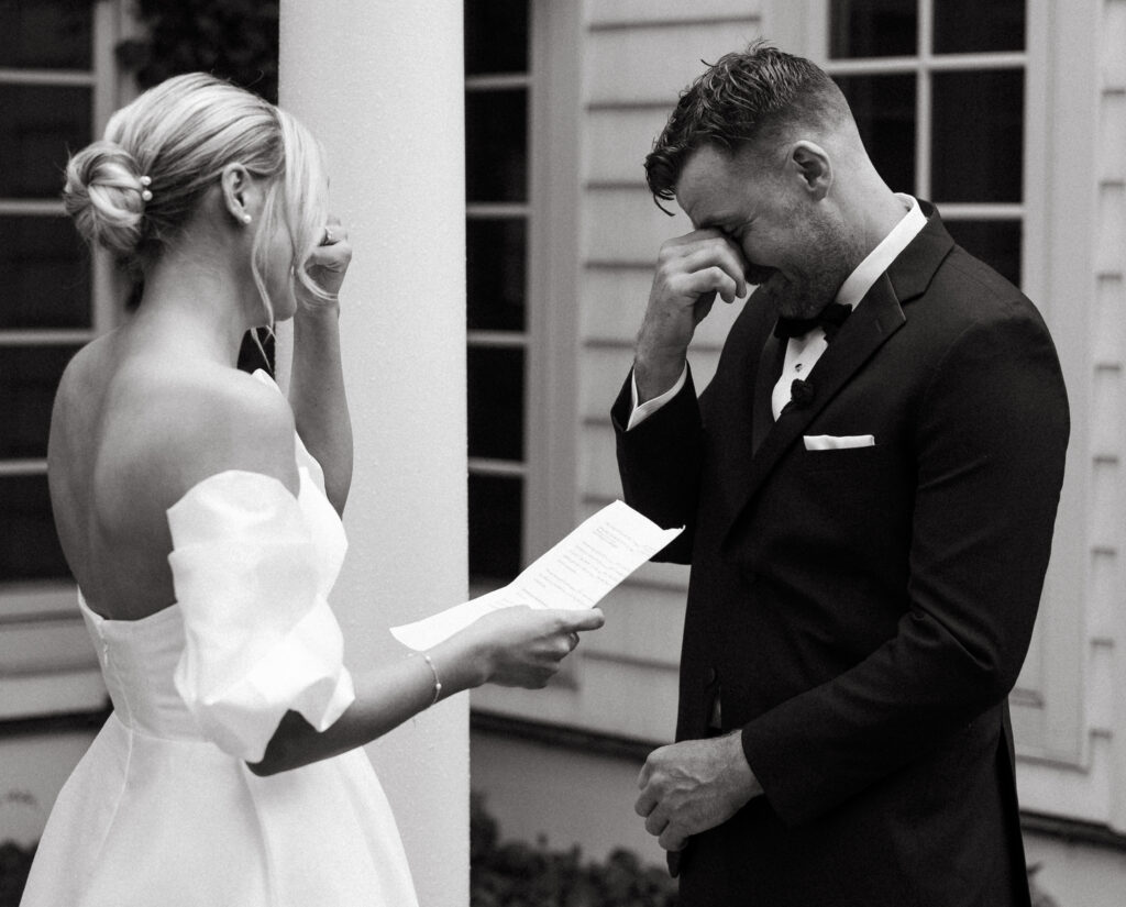 the couple shares their vows privately at York Harbor Inn before their coast maine wedding ceremony