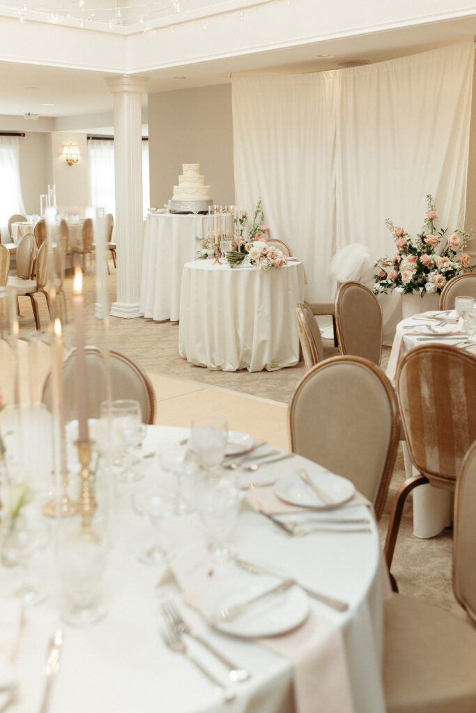 modern indoor reception with drapery at a York Harbor Inn coastal Maine wedding